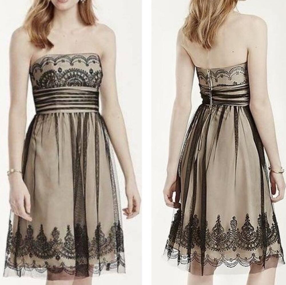 David’s Bridal black beaded sheer lace strapless mini dress Size 10 Whimsigoth